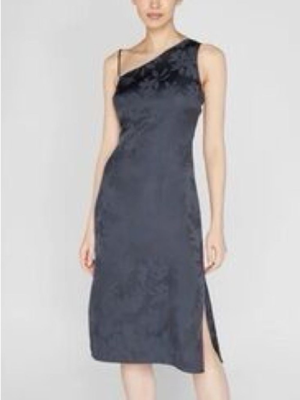 267. Club Monaco One-Shoulder Satin Midi Dress in Charcoal